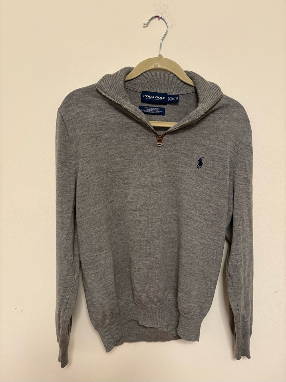 Polo Ralph Lauren 100% merino Wool Quarter Zip Sweater Men's M gray preppy